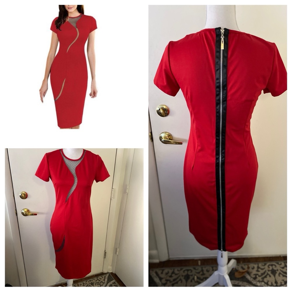 Mike is women stretch bodycon peek through cap sleeve dress Sz M red/black NWT